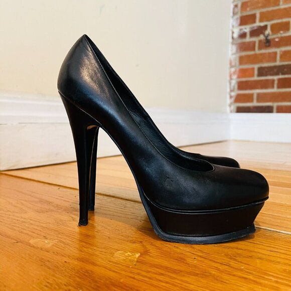 Saint Laurent YSL Black Calfskin Janis Stiletto Heel Platform Pumps 38.5 - Picture 7 of 16